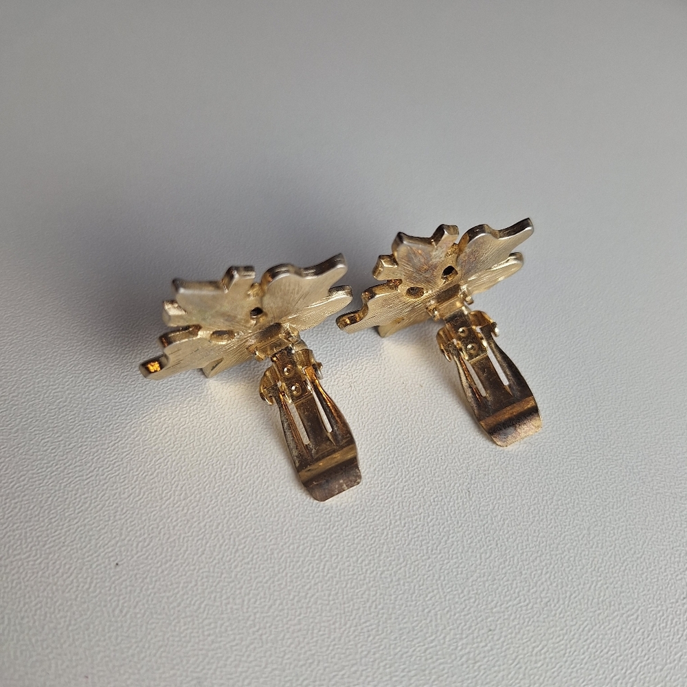 Vintage Pandora Clip On Earrings Floral Leaves Clip On Gold Tone Signed Estate View 4